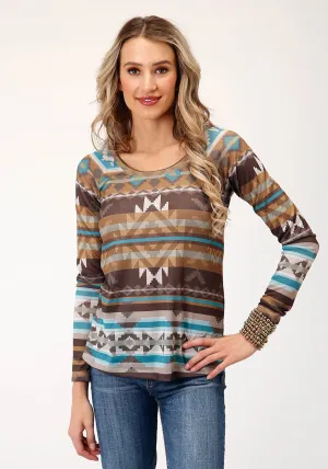 Roper Womens Aztec Raglan Sleeves Brown Polyester L/S T-Shirt Classic Essentials Weather Friendly Roper Womens Aztec Raglan Sleeves Brown Polyester L/S T-Shirt