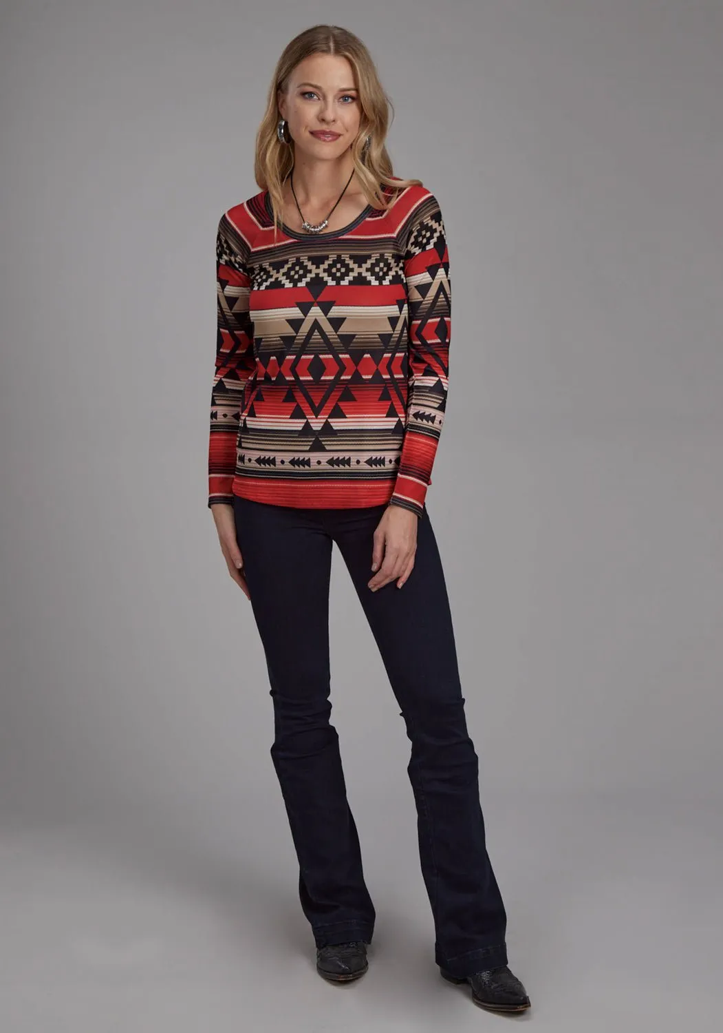 Roper Womens Aztec Sublimation Red/Black Polyester L/S Tunic Fashion Choice Chic Option