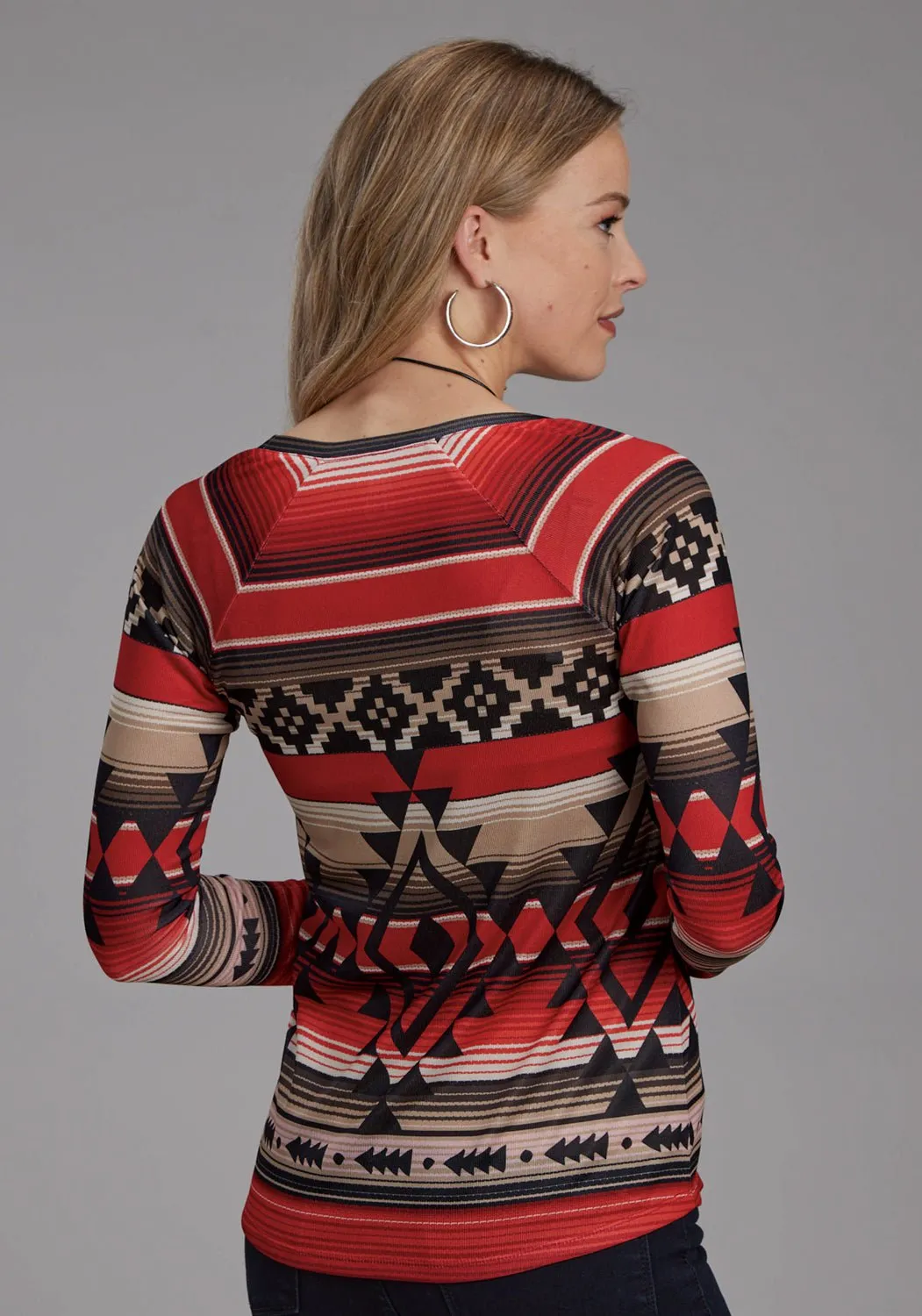 Petite Cut Roper Womens Aztec Sublimation Red/Black Polyester L/S Tunic