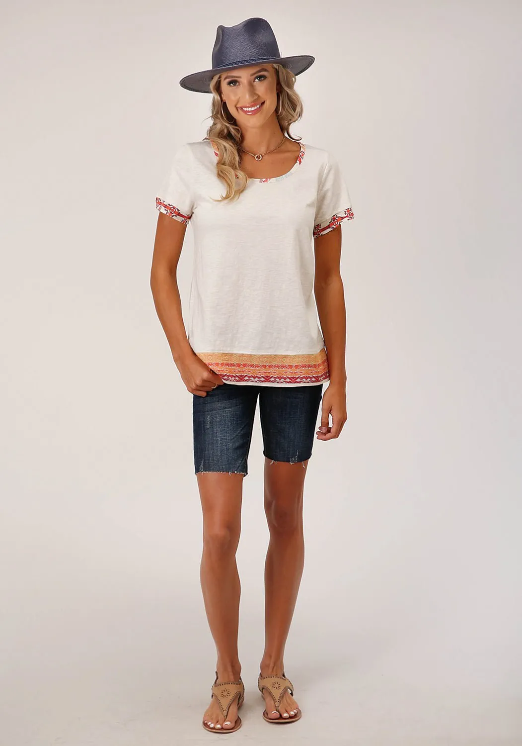 Roper Womens Aztec Texture Cream 100% Cotton S/S T-Shirt elegant design Anti Pilling Finish