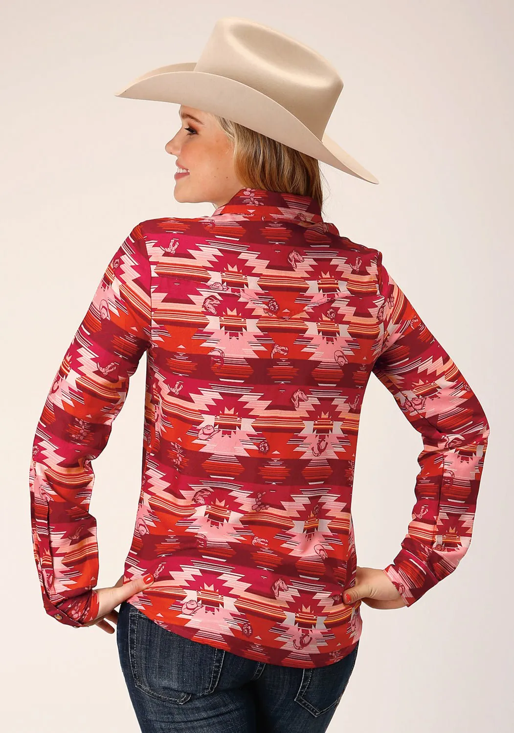 Roper Womens Aztec Western Red Rayon/Nylon L/S Shirt Roll-Up Sleeve
