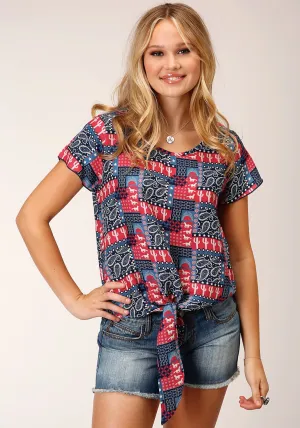 Roper Womens Bandana Print Red 100% Rayon S/S Blouse Ventilated Cuffs Roper Womens Bandana Print Red 100% Rayon S/S Blouse EasyCare Fabric