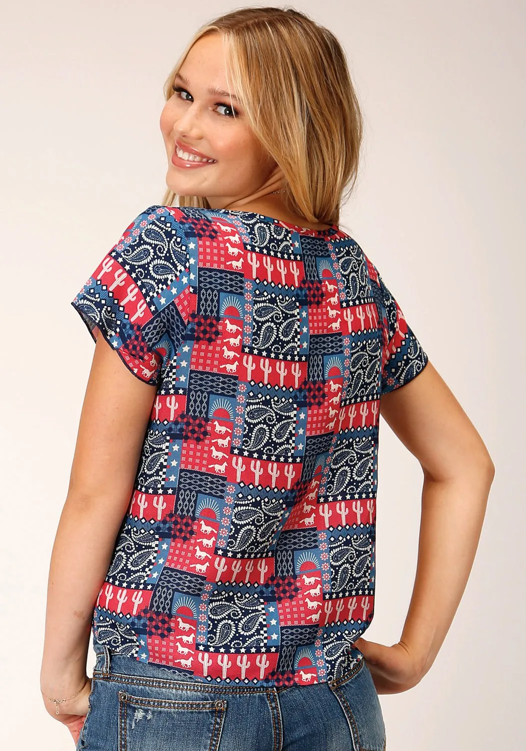 Breathable Style Networking Session Roper Womens Bandana Print Red 100% Rayon S/S Blouse
