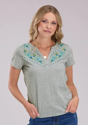 Roper Womens Banded Collar Embroidery Grey Poly/Cotton S/S Tunic All-Season Style Roper Womens Banded Collar Embroidery Grey Poly/Cotton S/S Tunic Relaxed Style