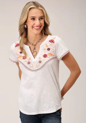 Roper Womens Banded Collar White 100% Cotton S/S T-Shirt Woven Texture Hooded Neckline Everyday Layer Roper Womens Banded Collar White 100% Cotton S/S T-Shirt