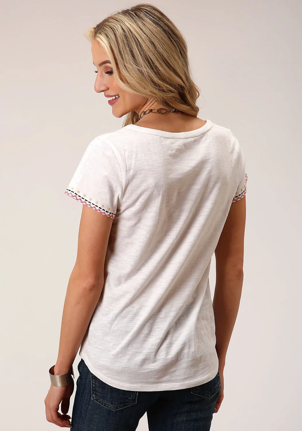 Business casual Versatile Outfit Roper Womens Banded Collar White 100% Cotton S/S T-Shirt