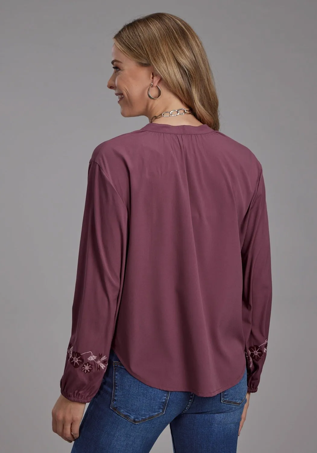 Layered Sleeve Cuffs Party Ready Roper Womens Banded Color Floral Mauve 100% Polyester L/S Blouse