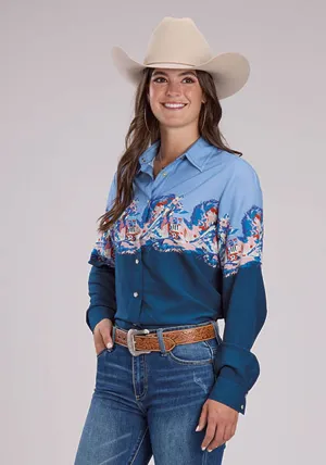 Roper Womens Barrel Racer Border Blue 100% Rayon L/S Blouse Button-up Roper Womens Barrel Racer Border Blue 100% Rayon L/S Blouse color block Sporty Style