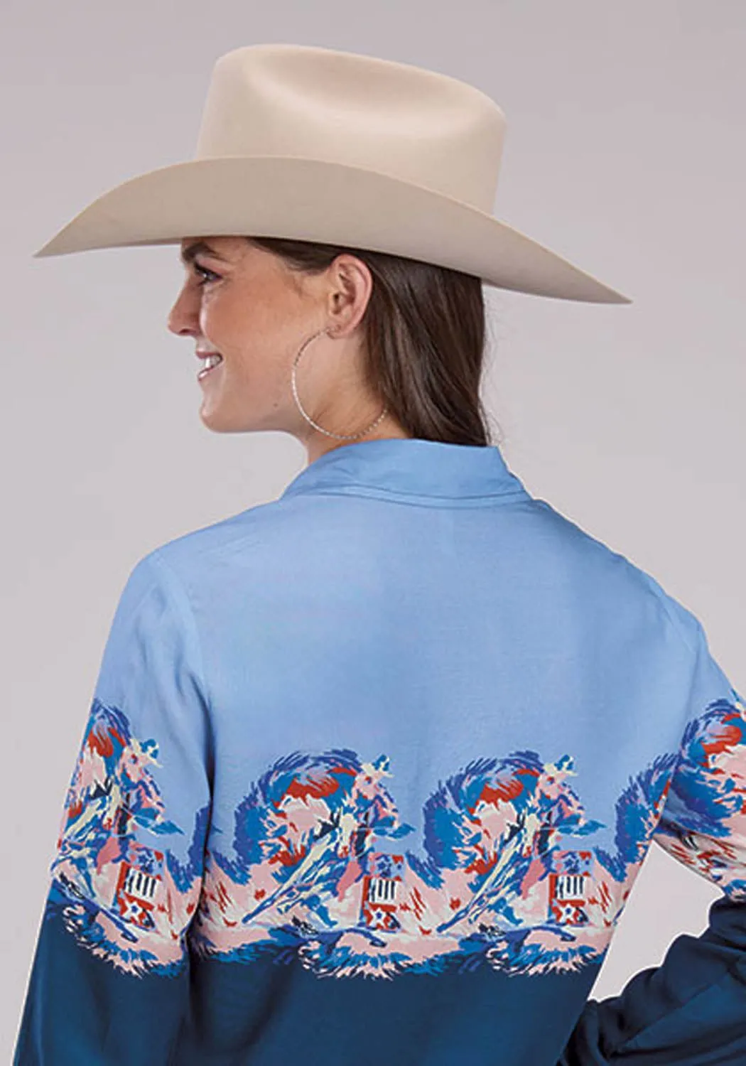 Roper Womens Barrel Racer Border Blue 100% Rayon L/S Blouse Polished Finish