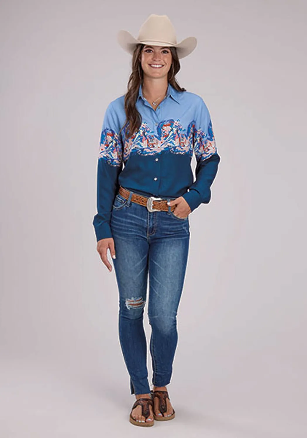 Roper Womens Barrel Racer Border Blue 100% Rayon L/S Blouse Flex Fit Collar Tailored Cut