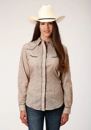 Roper Womens Beige/Rust Cotton Blend Vintage Floral L/S Shirt Crisp Twist City Walk Autumn Days Lightweight Versatile Everyday Wear Roper Womens Beige/Rust Cotton Blend Vintage Floral L/S Shirt