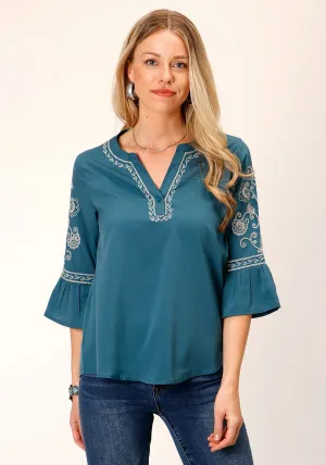 Roper Womens Bell Sleeve Teal 100% Polyester S/S Blouse wrinkle free Reinforced Buttonholes Roper Womens Bell Sleeve Teal 100% Polyester S/S Blouse