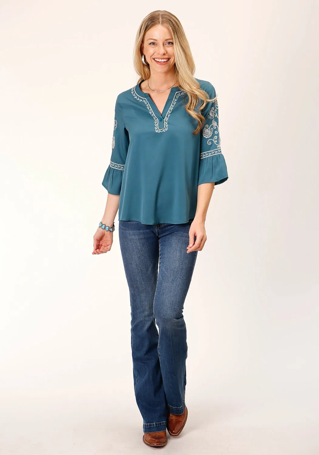 tailored look Roper Womens Bell Sleeve Teal 100% Polyester S/S Blouse