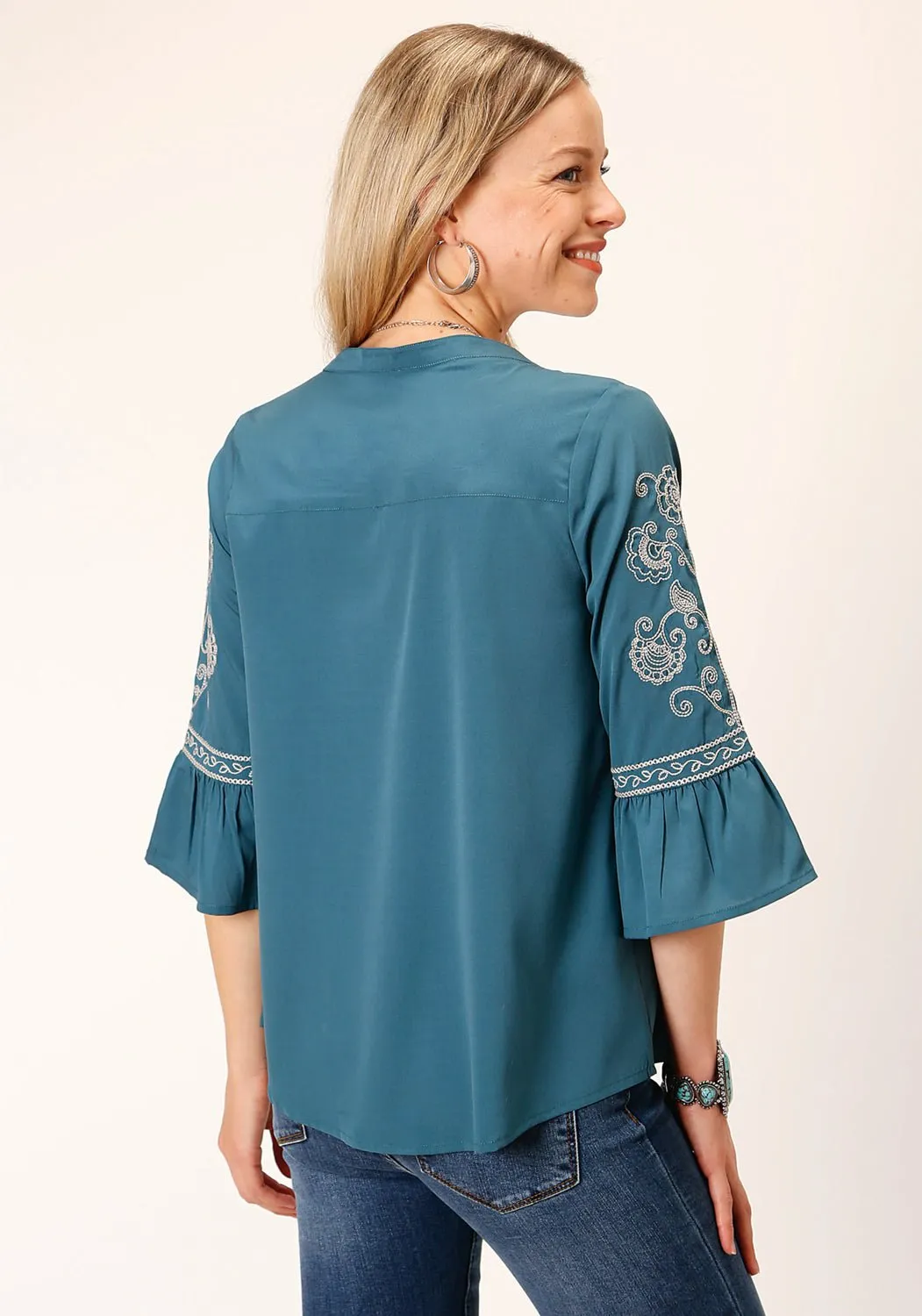 Warm Weather Wear Tall Length Roper Womens Bell Sleeve Teal 100% Polyester S/S Blouse