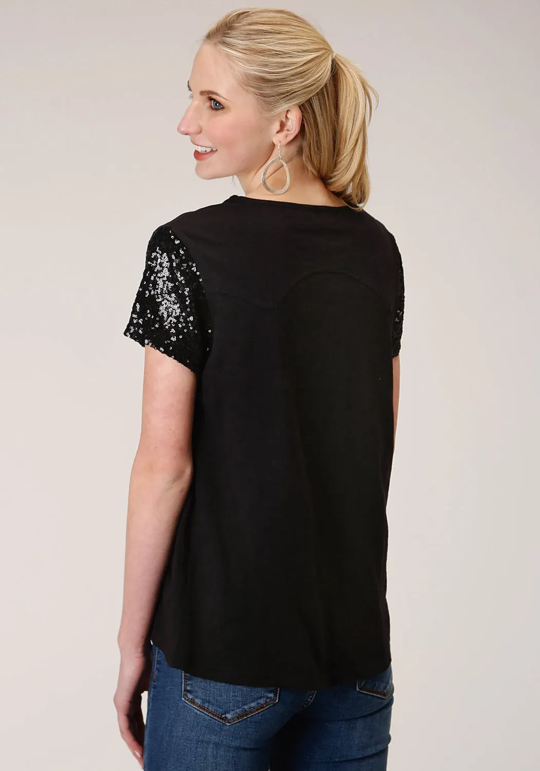 Ruffle Edge Roper Womens Black 100% Cotton Western Swing S/S T-Shirt