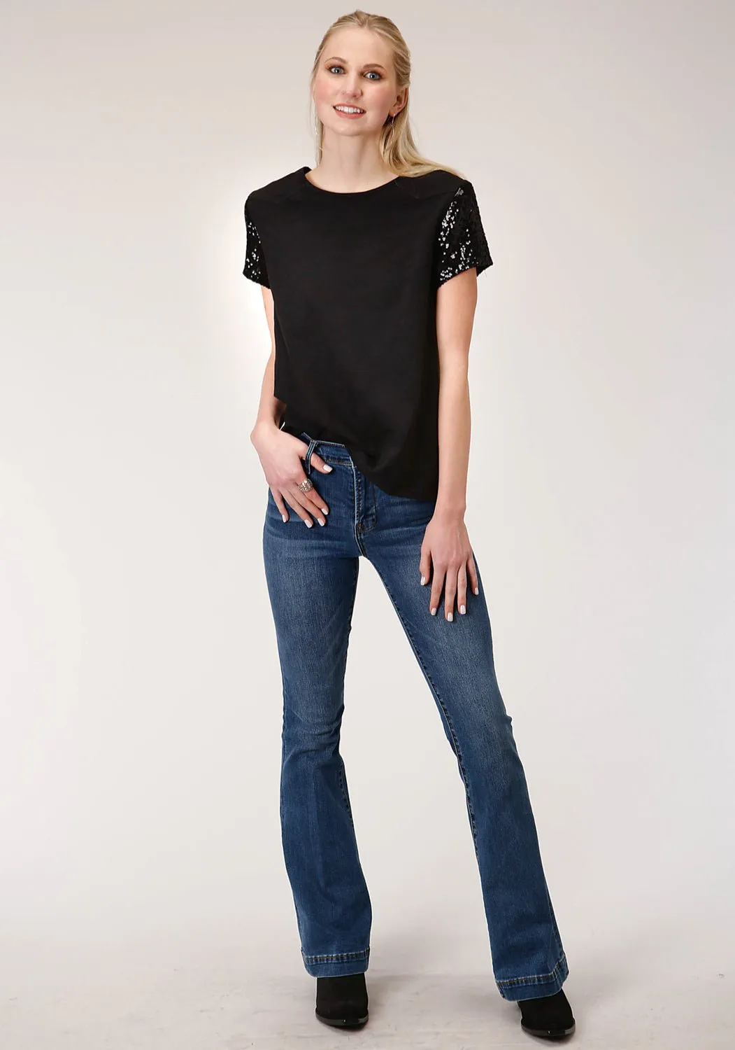 Stretchable Cloth Sporty Layer Roper Womens Black 100% Cotton Western Swing S/S T-Shirt