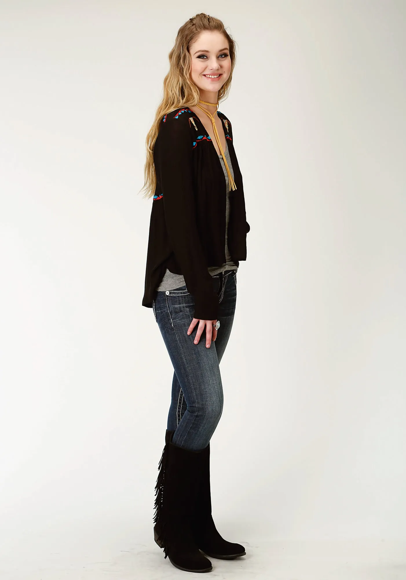 Layered Basics Roper Womens Black Cotton Blend Blended Crepe Cardigan