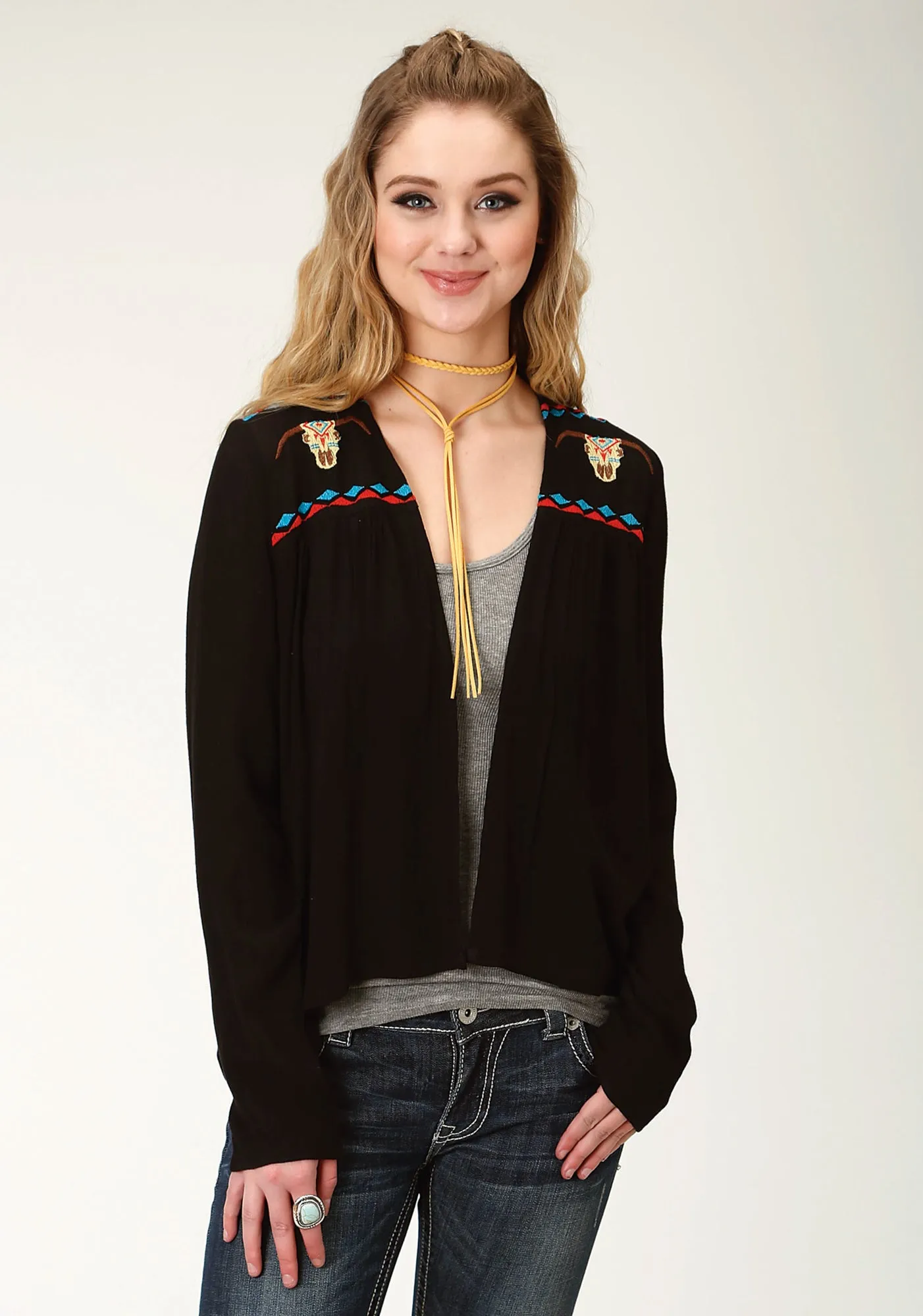 Roper Womens Black Cotton Blend Blended Crepe Cardigan Rainy Day Vintage Lover