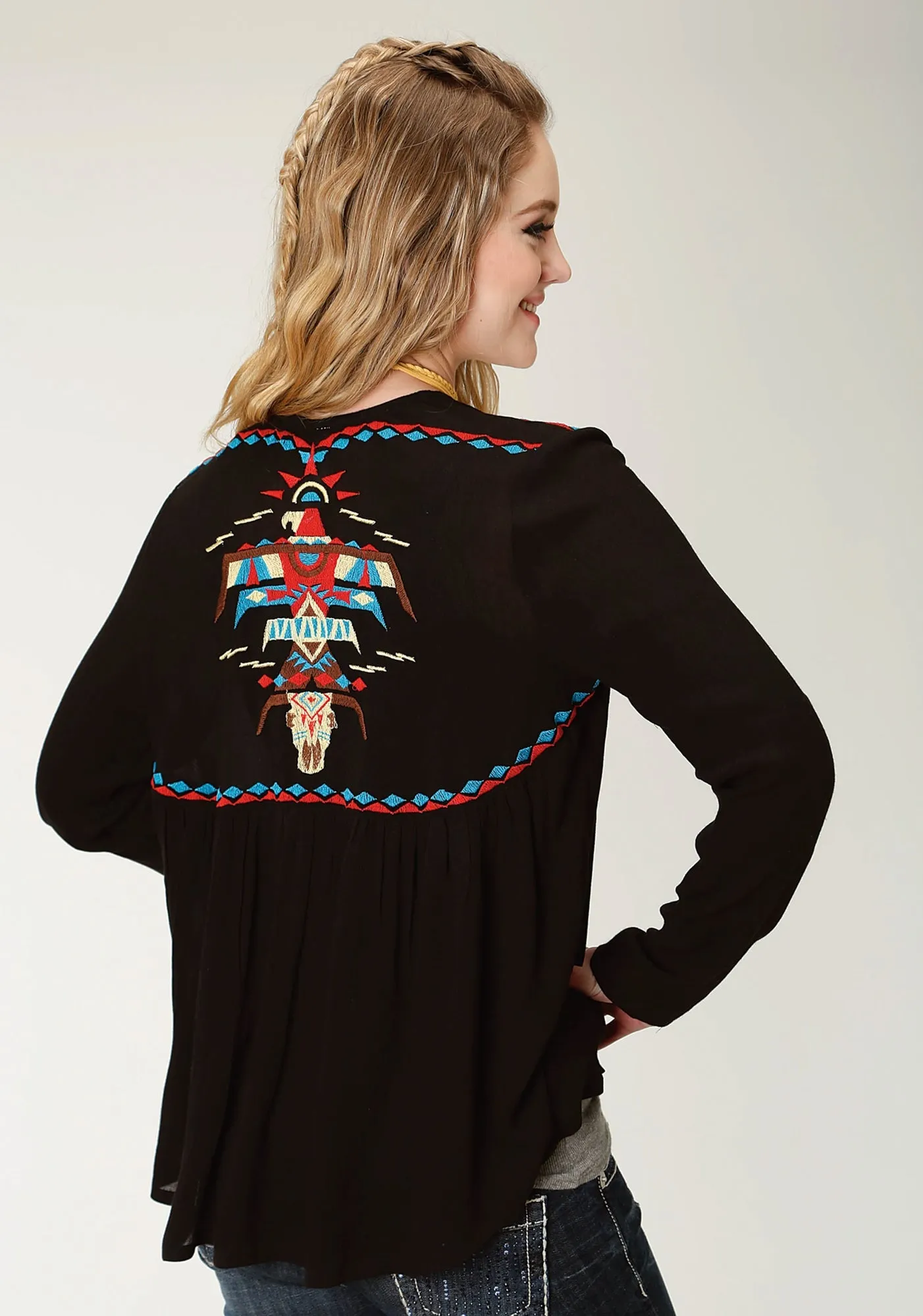 Neutral Look Cool And Clean Roper Womens Black Cotton Blend Blended Crepe Cardigan