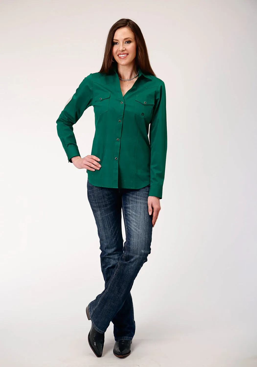 Roper Womens Black Fill Solid Green 100% Cotton L/S Shirt Unisex wear Job Interview