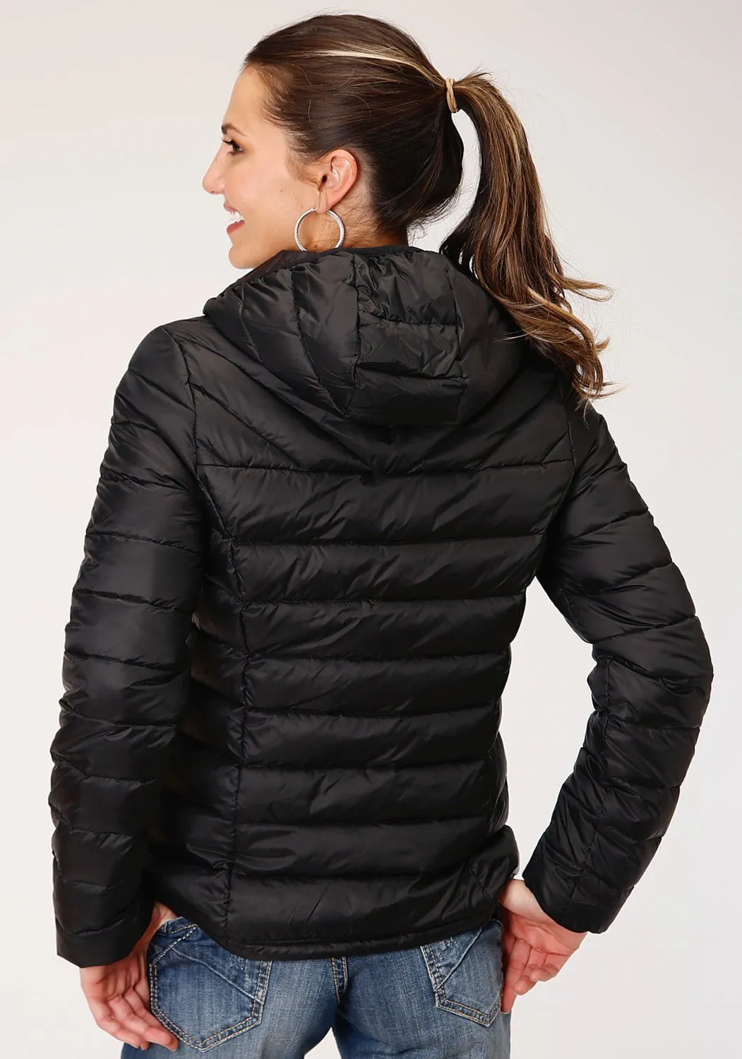 Elegant Urban Explorer Athlete Fit Roper Womens Black Nylon Crushable Hooded Down Coat