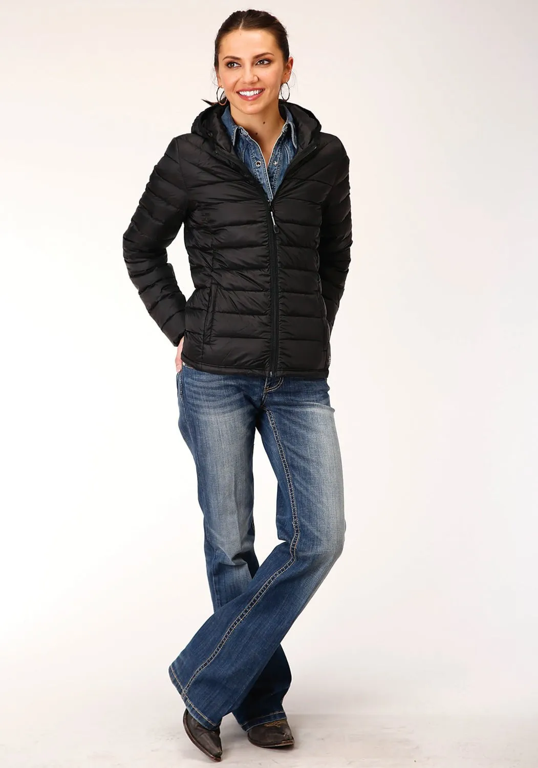 Roper Womens Black Nylon Crushable Hooded Down Coat Utility Basic