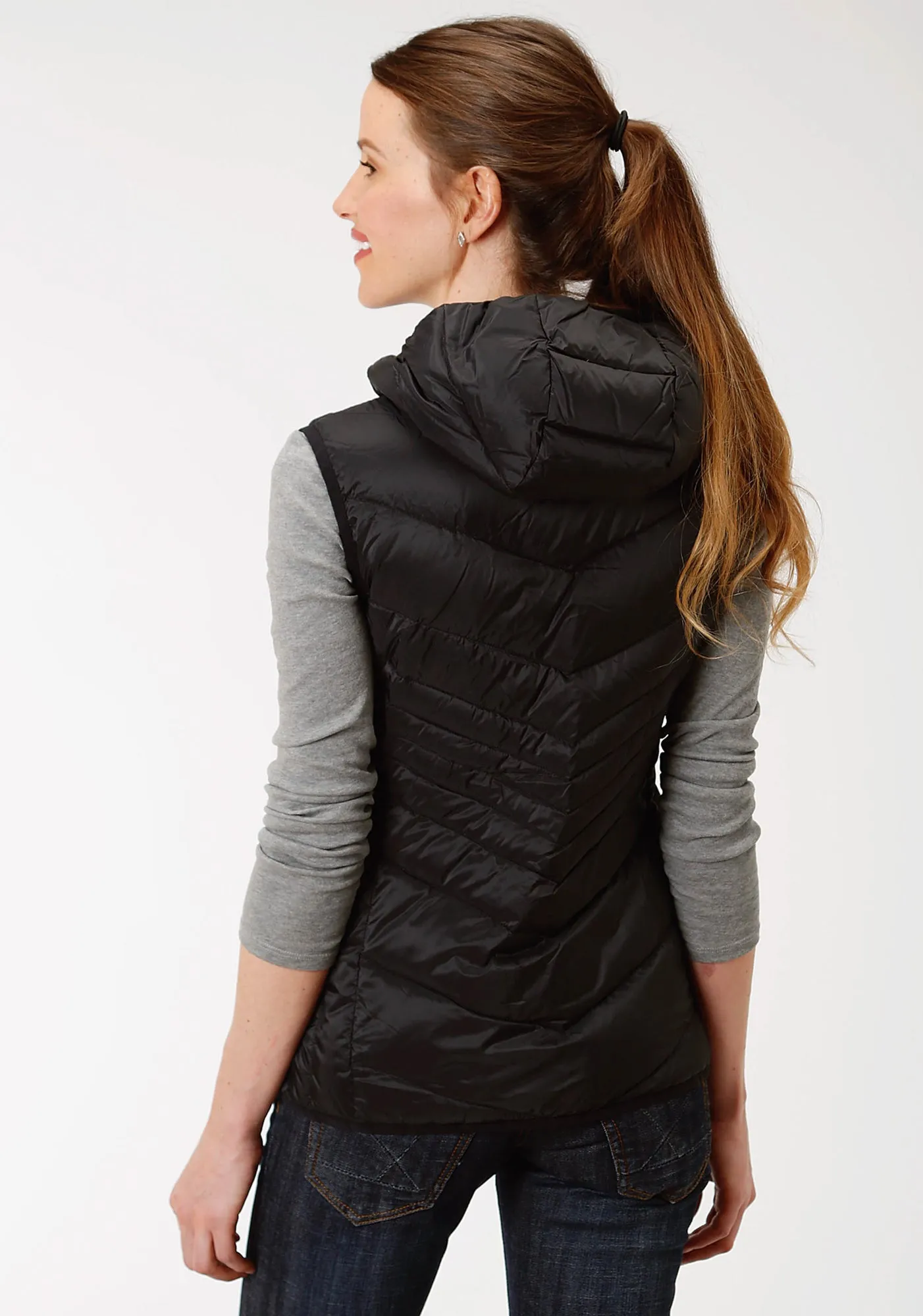 Roper Womens Black Nylon Down Coated Hooded Vest Cool Fit Relaxed Style Bold