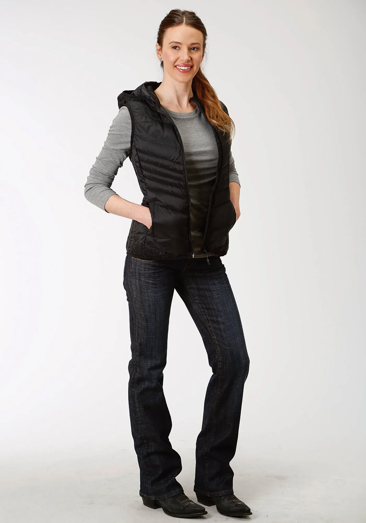 Roper Womens Black Nylon Down Coated Hooded Vest Casual Classic Chill Outfit Spring Mood