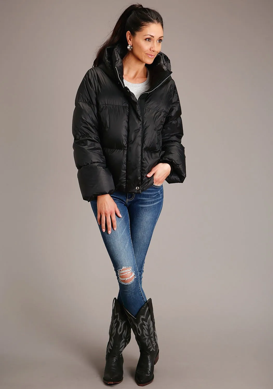 Simple Match Colorfast Dyeing Method Roper Womens Black Nylon Hooded Down Puffer Coat