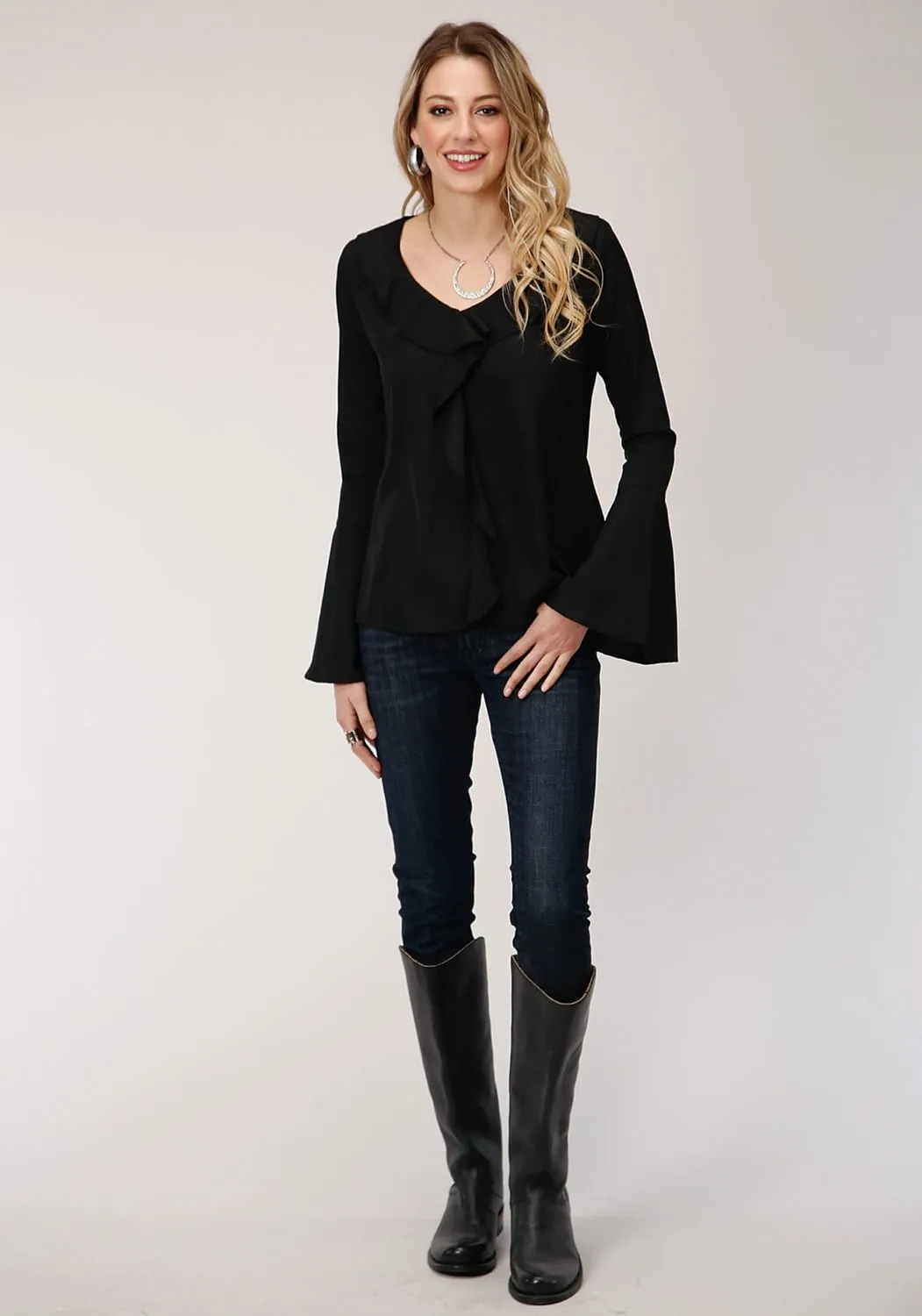 Roper Womens Black Polyester Circular Ruffle L/S Blouse Vibrant Fashion Lover