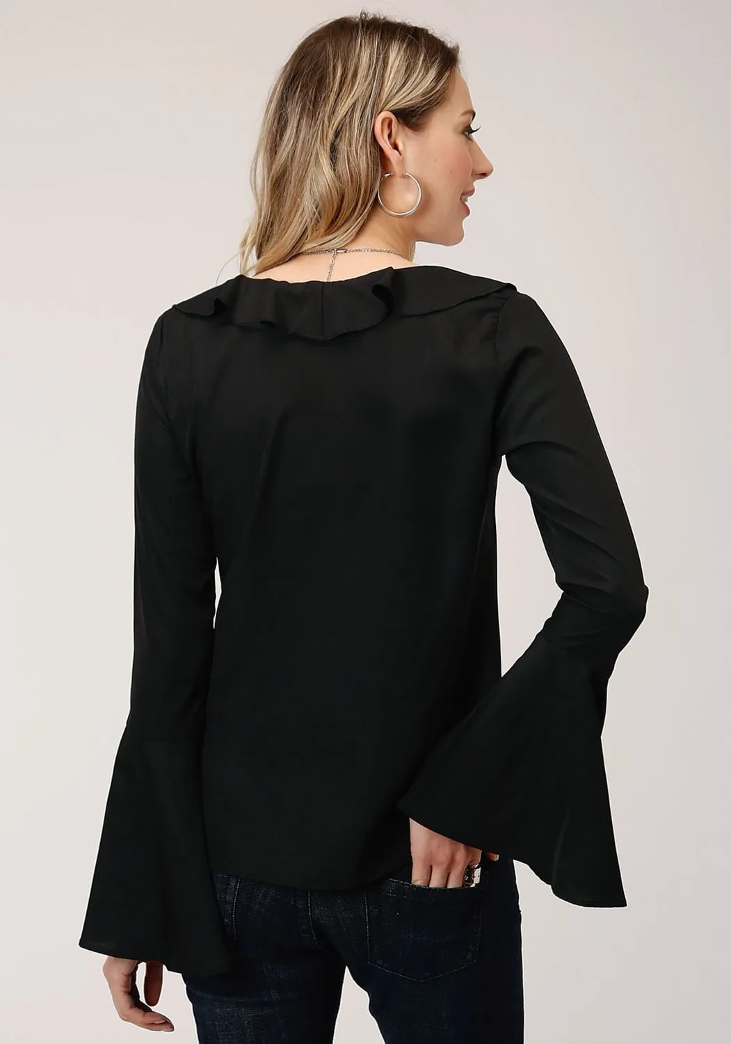 Artist Vibe Comfy Roper Womens Black Polyester Circular Ruffle L/S Blouse