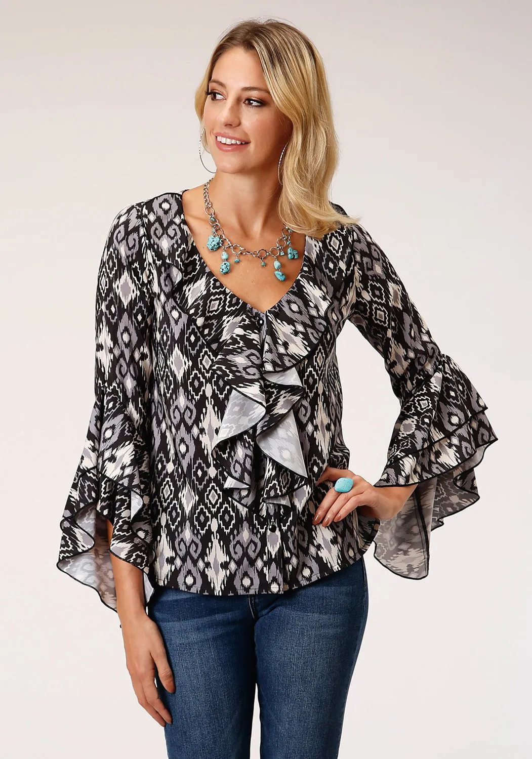 Night Out Daily Wear Day Off Fit Roper Womens Black Polyester Ikat Crepe L/S Blouse