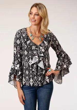Roper Womens Black Polyester Ikat Crepe L/S Blouse Balanced Shape Roper Womens Black Polyester Ikat Crepe L/S Blouse Sleek Fit