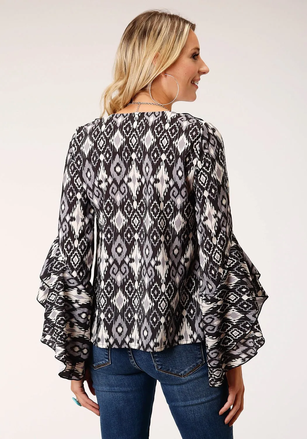 Roper Womens Black Polyester Ikat Crepe L/S Blouse Vintage Inspired Weave Sustainable Road Trip
