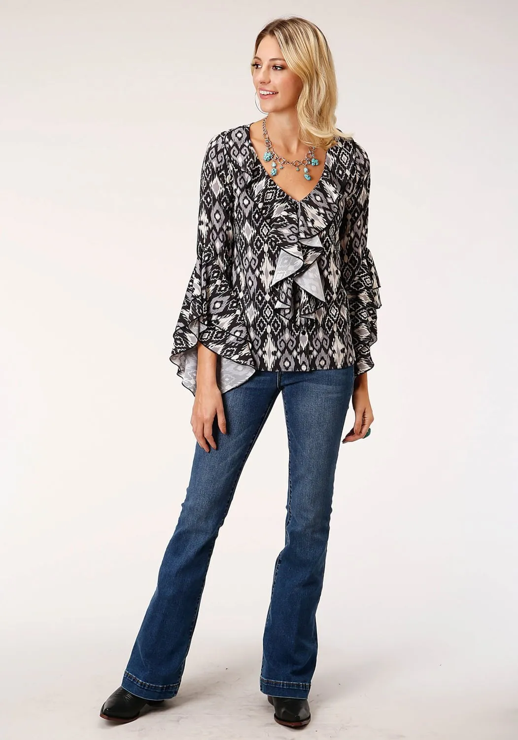 Polished Look Roper Womens Black Polyester Ikat Crepe L/S Blouse
