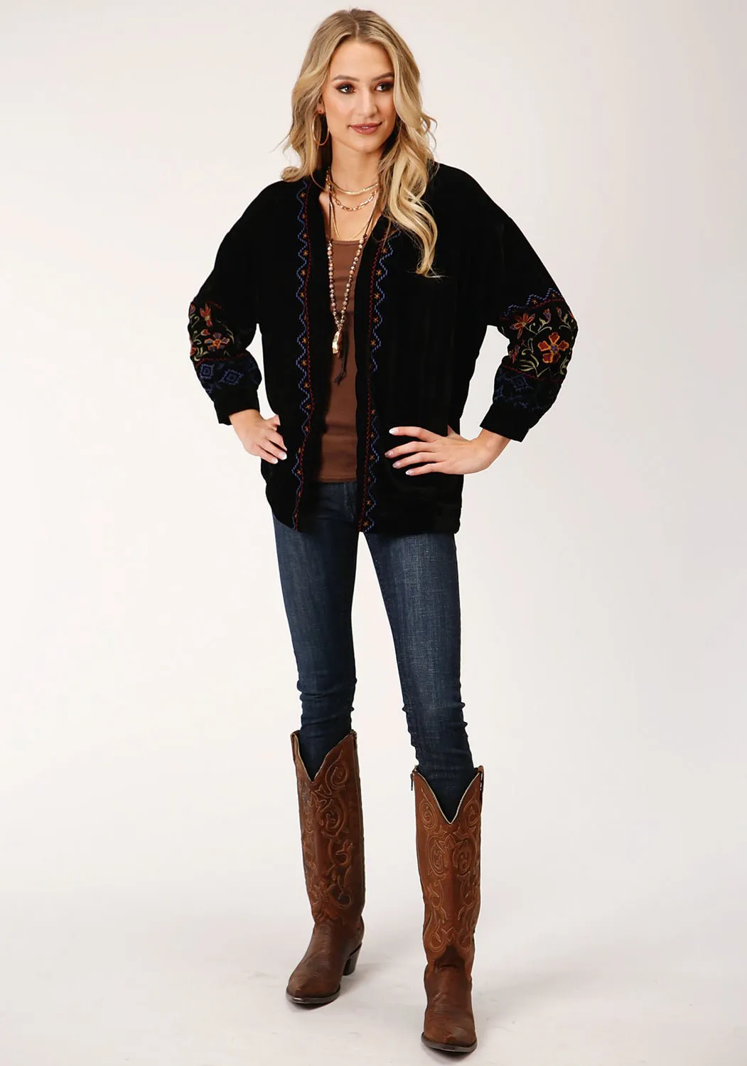 Minimalist Trendy Everyday Roper Womens Black Polyester Velvet Open Front Blazer