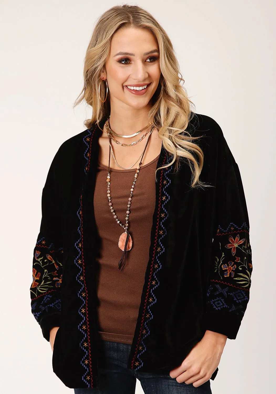 Roper Womens Black Polyester Velvet Open Front Blazer Contemporary Wear