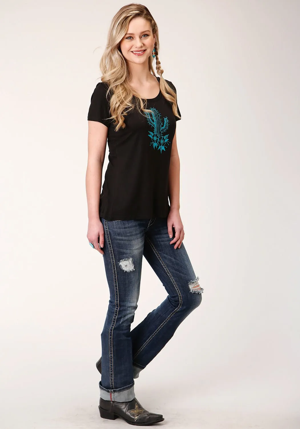 Roper Womens Black Poly/Rayon Blue Cactus S/S T-Shirt Sporty Appeal