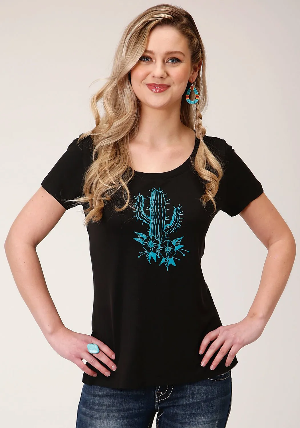 Split hem Relaxed Style Roper Womens Black Poly/Rayon Blue Cactus S/S T-Shirt