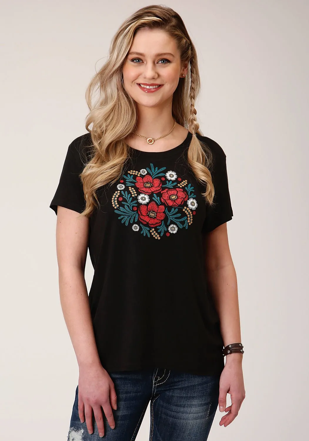 Button front Roper Womens Black Poly/Rayon Floral S/S Boxy Fit T-Shirt
