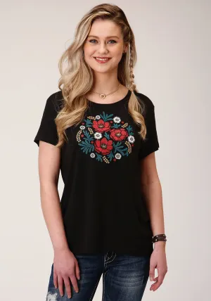 Roper Womens Black Poly/Rayon Floral S/S Boxy Fit T-Shirt Party-Ready Seamless Sides Roper Womens Black Poly/Rayon Floral S/S Boxy Fit T-Shirt