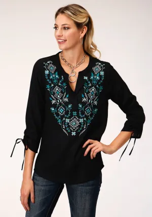 Roper Womens Black Rayon/Nylon Colorful Aztec S/S Blouse Seasonal Essential Roper Womens Black Rayon/Nylon Colorful Aztec S/S Blouse Athleisure Trend Unisex Design