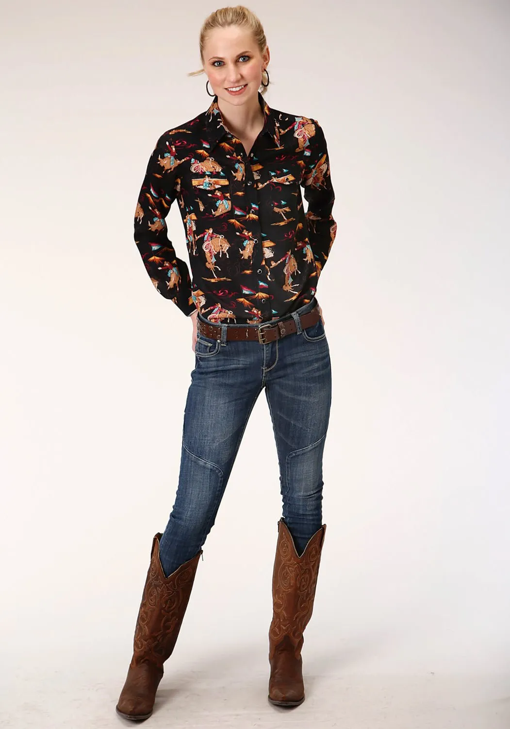 Multi Layer Knee Reinforcement Roper Womens Black Rayon/Nylon Retro Rodeo L/S Shirt
