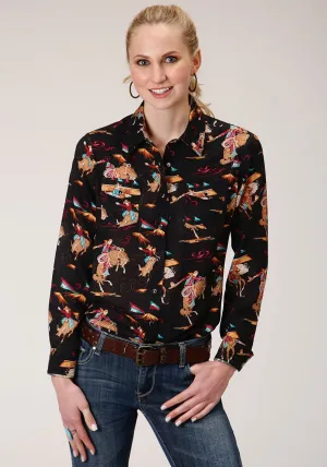 Roper Womens Black Rayon/Nylon Retro Rodeo L/S Shirt Minimal Design Roper Womens Black Rayon/Nylon Retro Rodeo L/S Shirt Breathable Travel Outfit Brunch Outfit