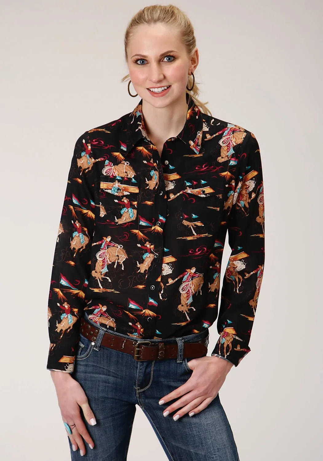 Roper Womens Black Rayon/Nylon Retro Rodeo L/S Shirt Perfect Waist