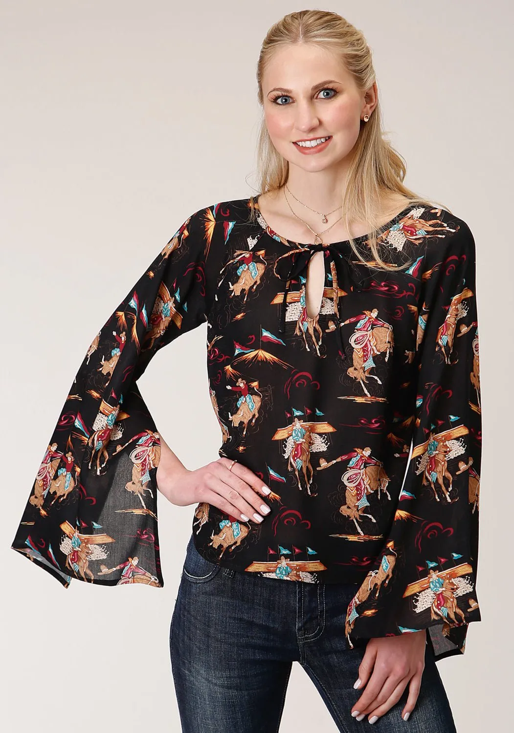 Roper Womens Black Rayon/Nylon Rodeo Print L/S Flowy Blouse Relaxed Fit Waist Modern Design