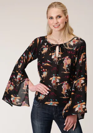Roper Womens Black Rayon/Nylon Rodeo Print L/S Flowy Blouse Pre Shrunk Roper Womens Black Rayon/Nylon Rodeo Print L/S Flowy Blouse Relaxed Fit Waist Modern Design