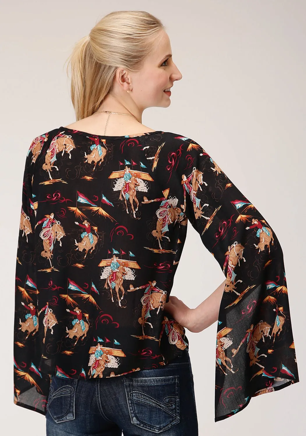Roper Womens Black Rayon/Nylon Rodeo Print L/S Flowy Blouse Minimalist Weekend Getaway Casual