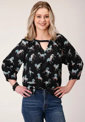 Roper Womens Black Rayon/Nylon Wild Horses 3/4 Sleeve Blouse Sustainable Material Roper Womens Black Rayon/Nylon Wild Horses 3/4 Sleeve Blouse Chic Option