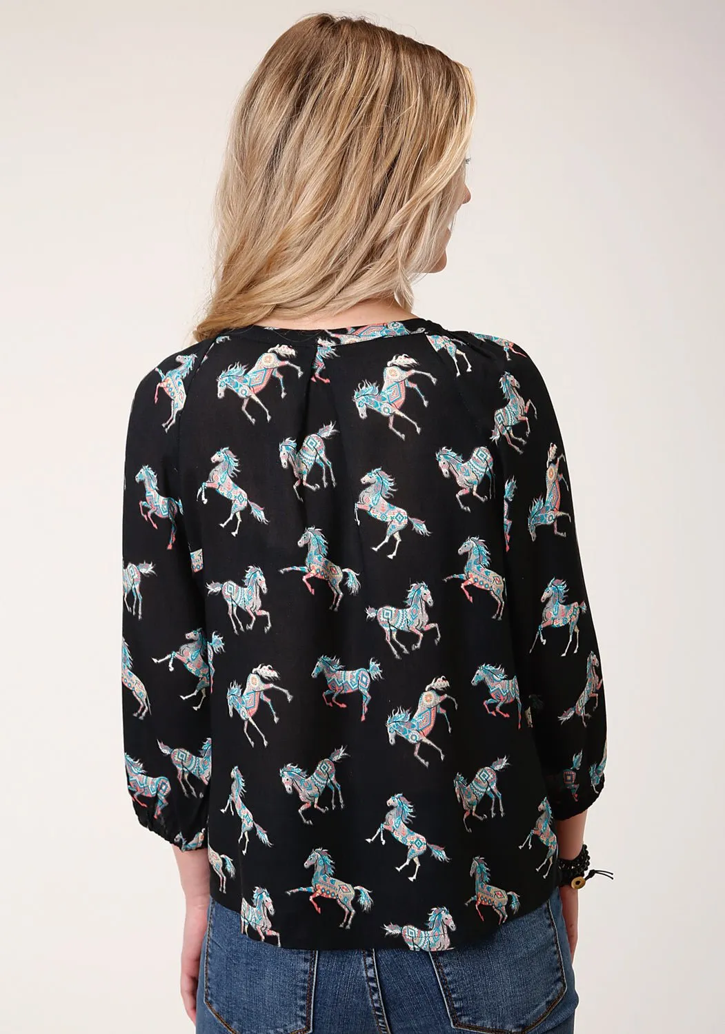 Roper Womens Black Rayon/Nylon Wild Horses 3/4 Sleeve Blouse Reinforced Side Vents